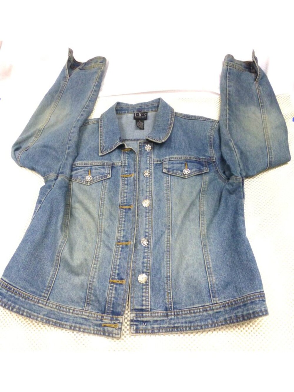 INC‎ Womens Blue Denim Jacket With Rhinestone Buttons Double Pockets